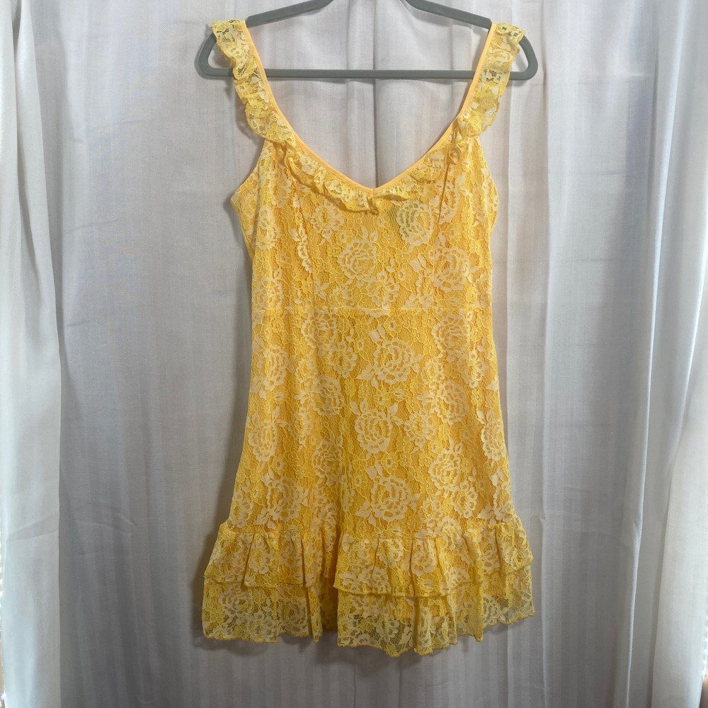 Forever 21 Yellow Lace Ruffle Mini Dress‎ Women's S Romantic Brunch Date Summer